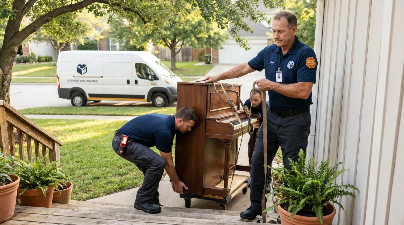 Licensed piano movers securing grand piano in Mendham, NJ