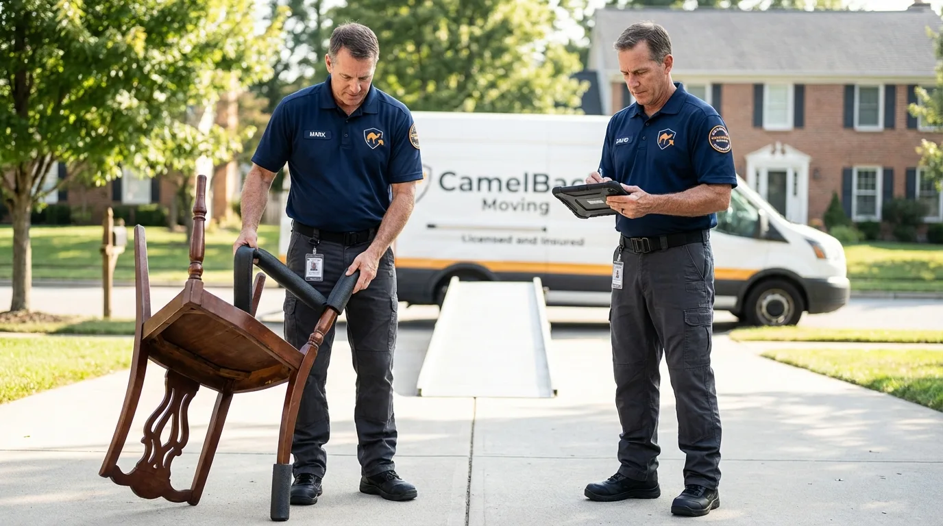 Movers inspecting furniture for damage prevention before loading in Mendham, NJ