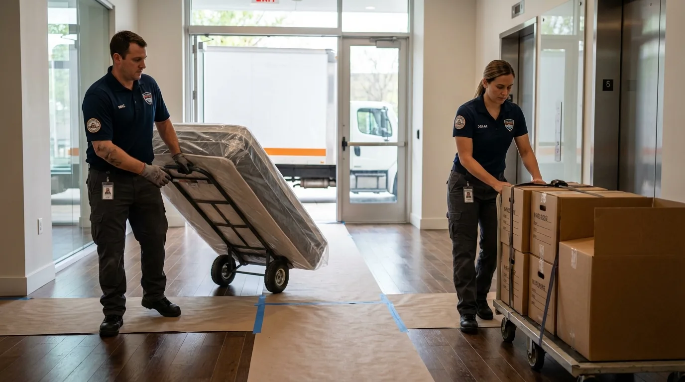 Professional apartment movers loading elevator in Mendham, NJ