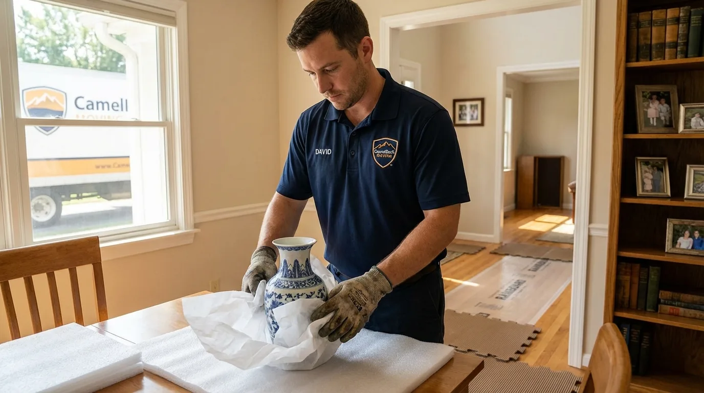 Professional crew carefully wrapping antique vase for senior downsizing move in Mendham, NJ